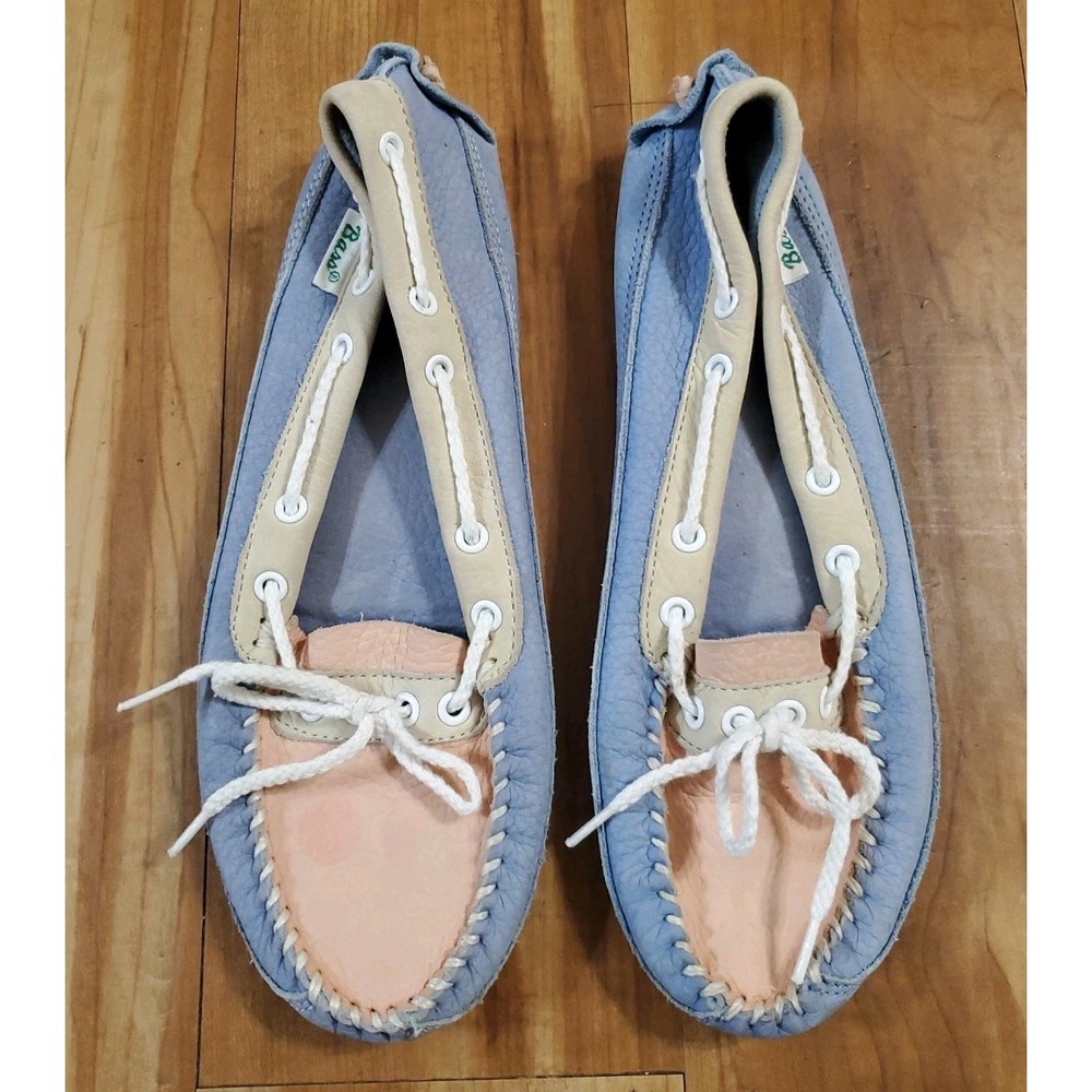Vtg GH Bass Colorblock Boat Shoes Womens 7.5 Blue Peach Leather Moccasins Taiwan